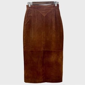 VTG Casual Corner Chestnut Brown Midi Leather Suede Pencil Skirt Womens Size 8